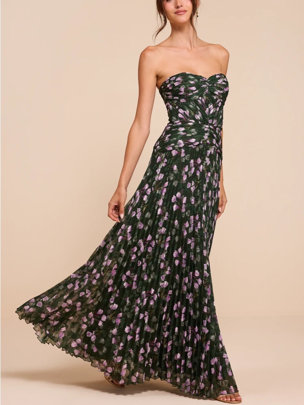 Lulu’s Elkay Dark Green Floral Pleated Drop Waist Maxi Dress